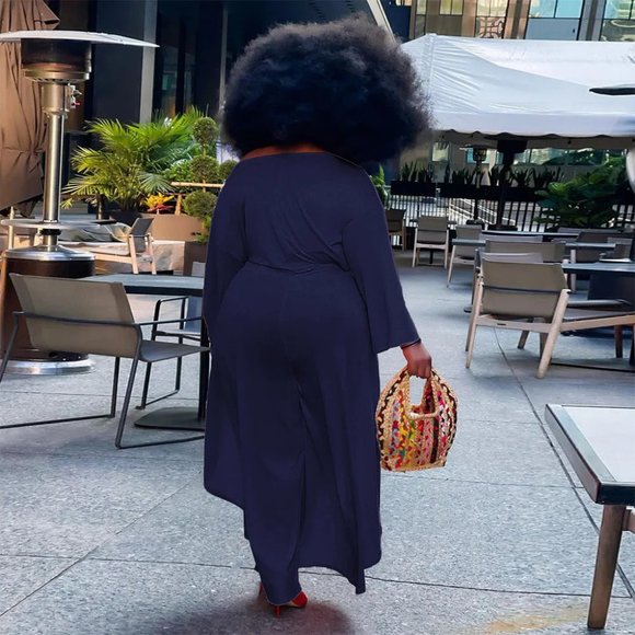 Plus Size Women Solid Color Off-Shoulder Long Sleeve Blouse And Slit Pants Set - Picture 5 of 15